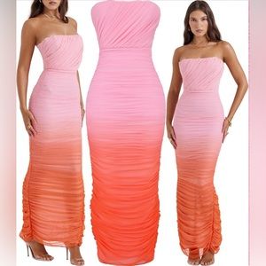 House of CB gradient color strapless runched mesh gown
